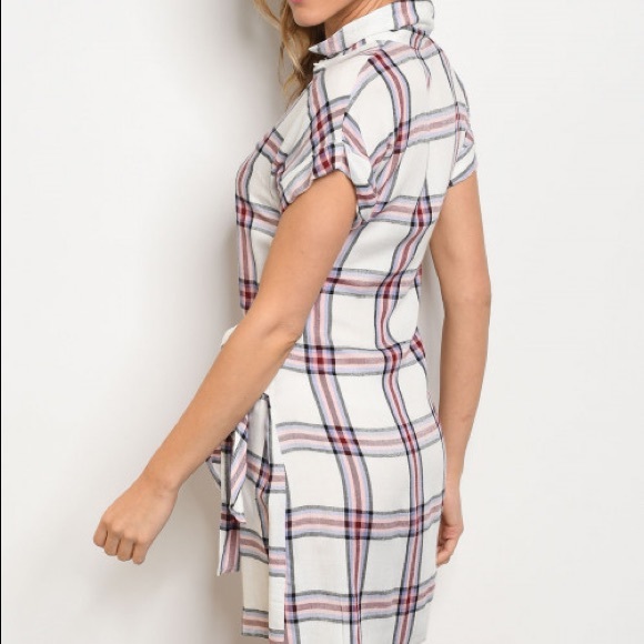 White Fall Plaid Tie Shirt Dress - Picture 6 of 7